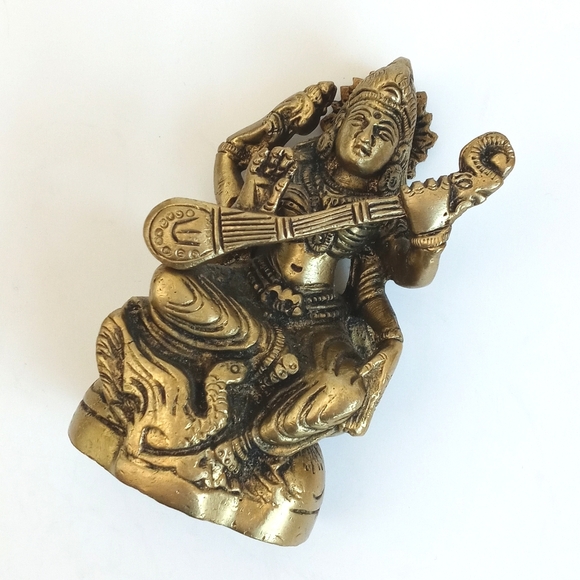 Antique Vintage Brass Hindu Goddess Saraswati Sculpture / 4” Figurine - Picture 7 of 15